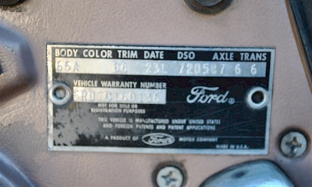 1965 Mustang Data Plate