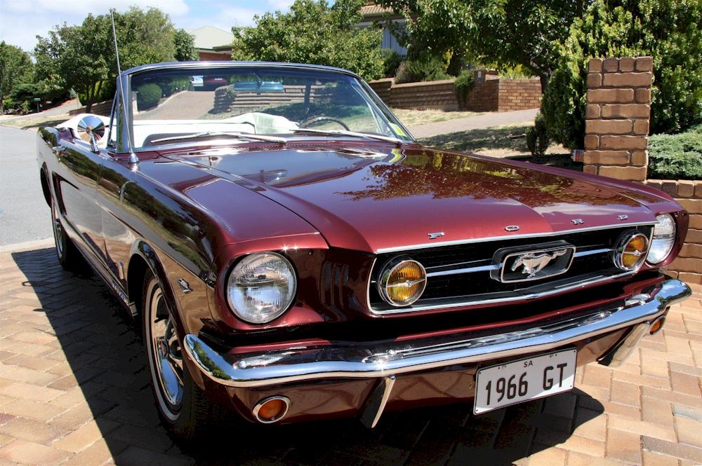 Vintage Burgundy 66 Mustang GT Convertible