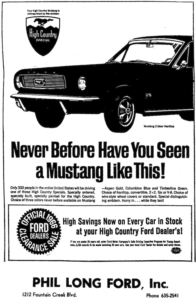 Colorado Springs Ad for the High Country Speical Mustang