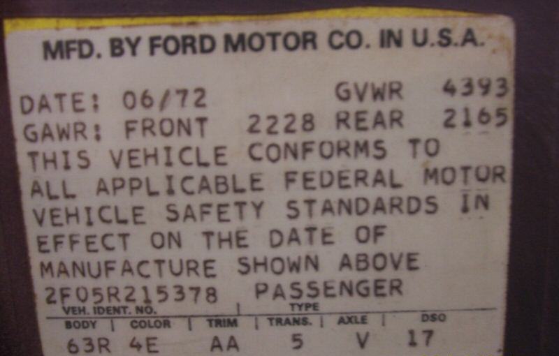 1972 Door Data Tag