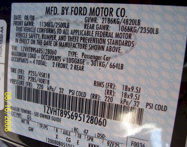 2009 Shelby GT-500 Data Tag