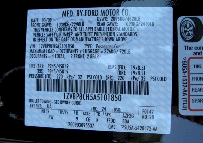 2010 Mustang GT Data Plate