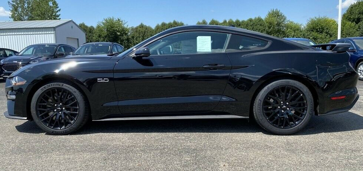 side view of a 2020 Shadow Black Mustang GT