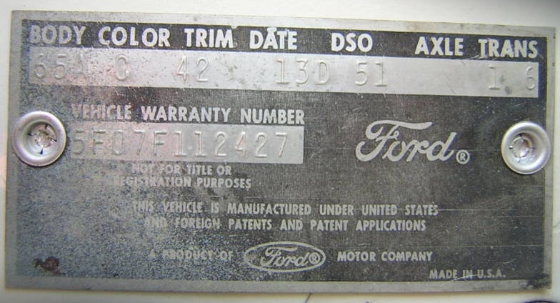 1964 Mustang Data Tag