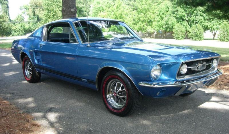 Blue 1967 Mustang right front view
