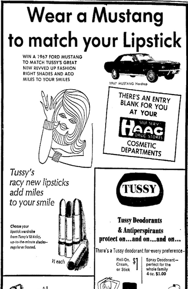 Tussy Mustang Ad from Hags Super Drug Store