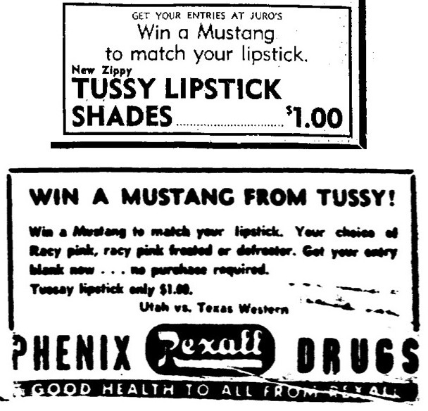 Tussy Mustang Ad from Juro's and Rexall Phenix Drugs