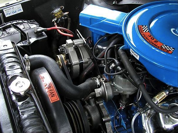 J-code 302ci V8 engine with Shelby intakes and 4118 Holley carburetor.