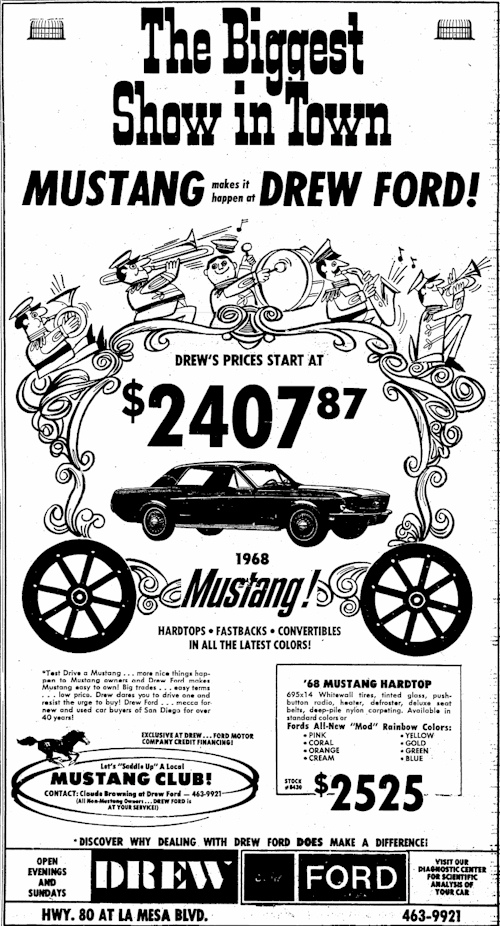 Drew Ford ad for 1968 Rainbow of Colors Mustang