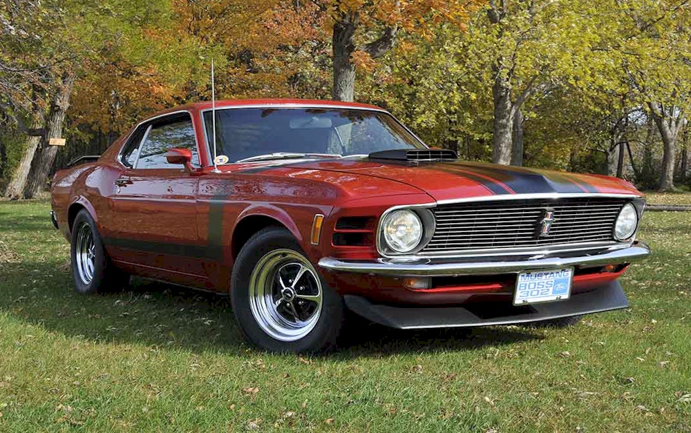 Red 1970 Boss 302 Mustang Fastback Ford.