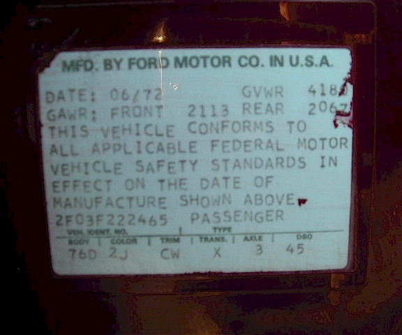 1972 Mustang ID Tag