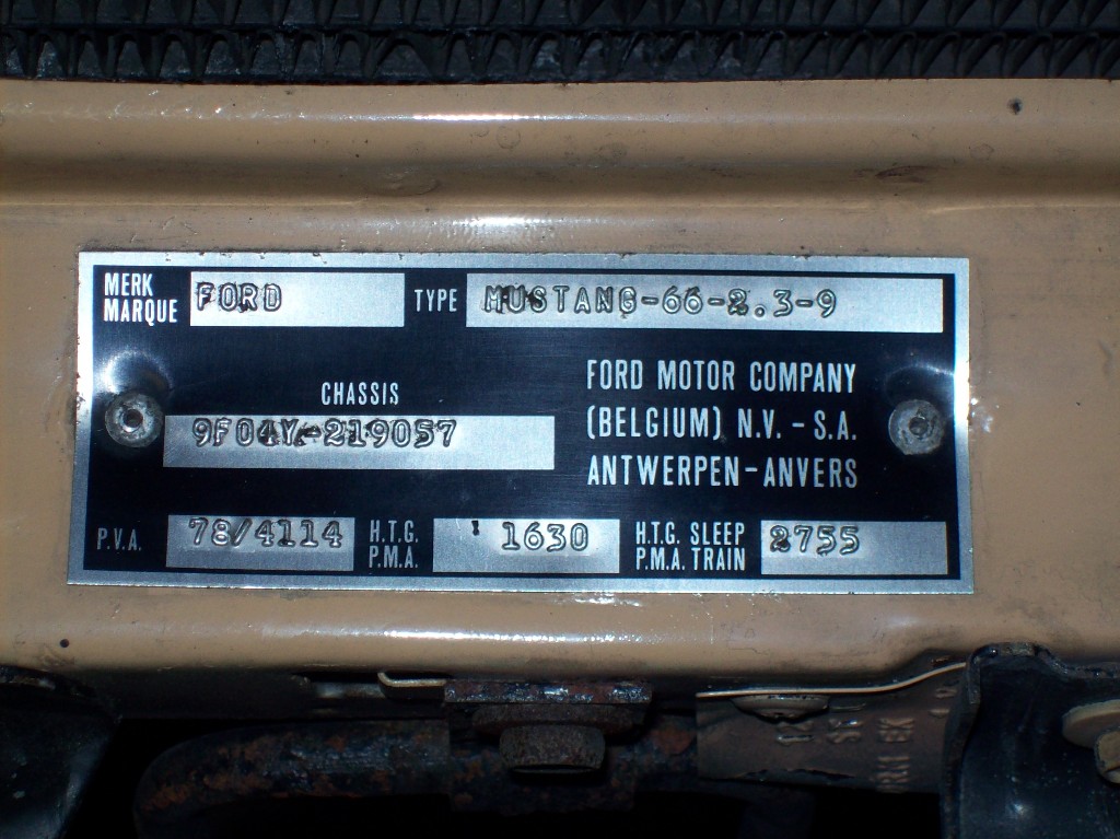 Belgium Ford Mustang Door Tag
