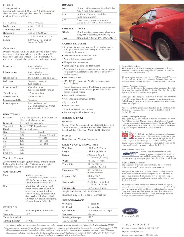 2000 Mustang Cobra Promotional Card