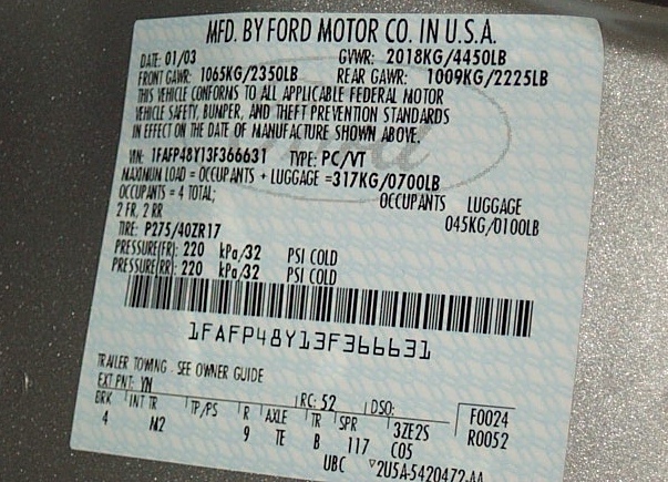 2003 Cobra Data Plate