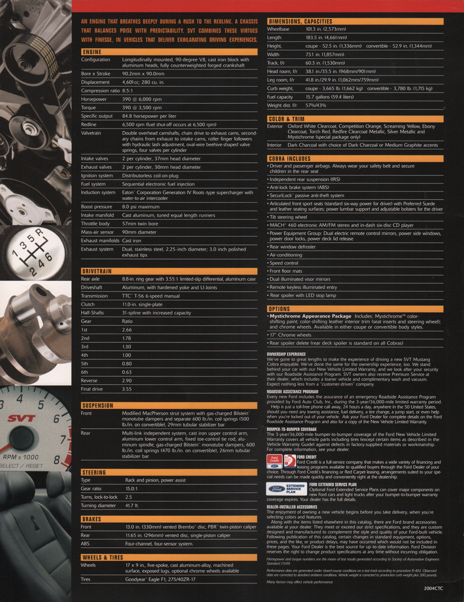 Technical Data Sheet 2004 Ford SVT Mustang Cobra