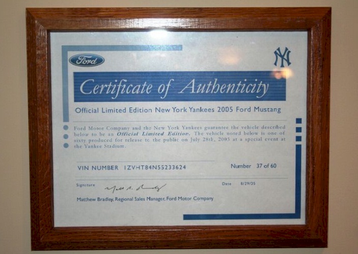 2005 Yankee Mustang Certification Paper