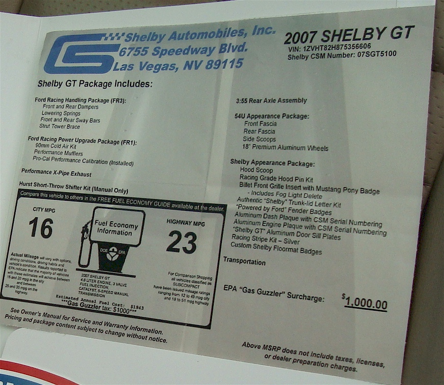 Shelby GT Window Sticker