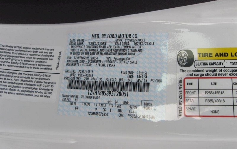 2009 Shelby GT-500 Data Tags