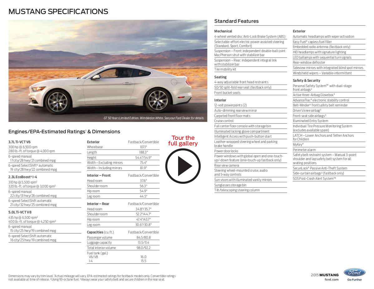 Ford Mustang Specifications