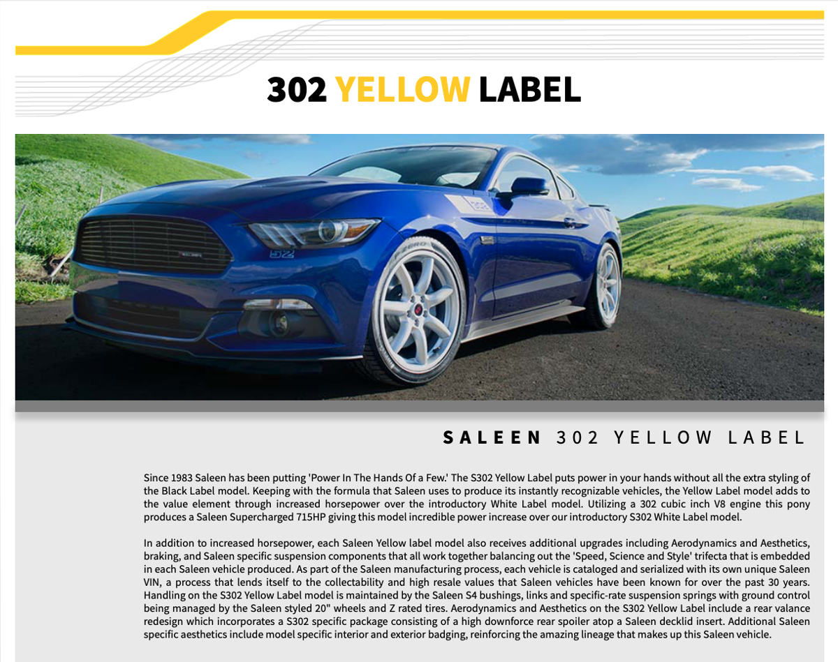 2016 S302 Yellow Label Saleen Mustang sales brochure
